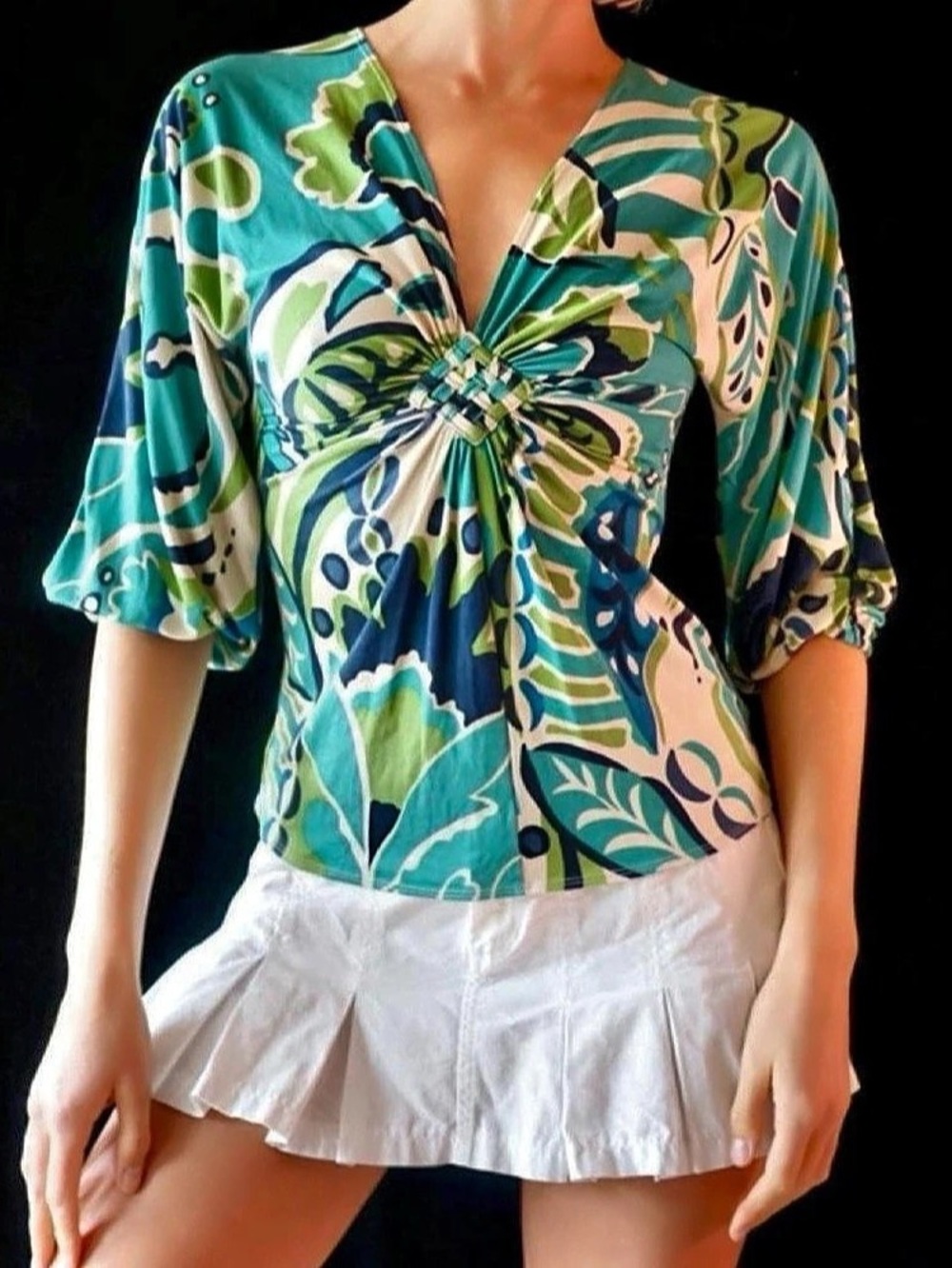 Hale Bob Y2K Silk Abstract Print Blouse in Blue & Green Size Small